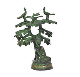 Brass Buddha tree idol, seated Bhumisparsha mudra, arched branch crown, green patina