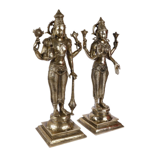 Brass Laxmi Narayana Murti for Home Puja Handmade Standing Lakshmi Vishnu Idol Showpiece Figurine Height 20 Inches Study Setting