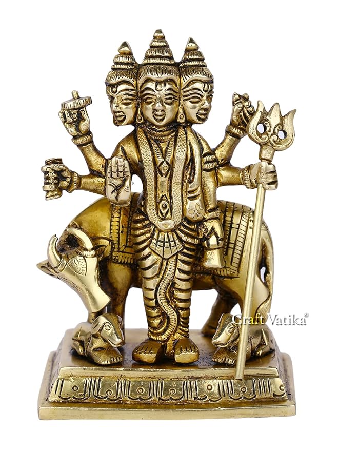 Lord Dattatreya Bhagwan Brass Idol Statue Murti for Home Pooja Office Decor Trimurti Bhagwan Sculpture (4.9 Inches Height)