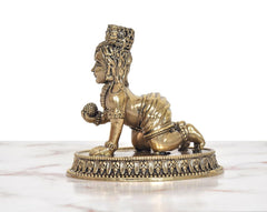 Bronze Bal Gopal Krishna figurine, side view with crown ornaments and decorative pedestal