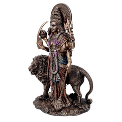 Resin Durga idol with lion, other side angle, detailed crown, purple garland