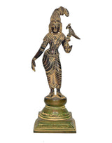 Brass Hindu goddess idol with parrot perched on hand, front view, ornate dress