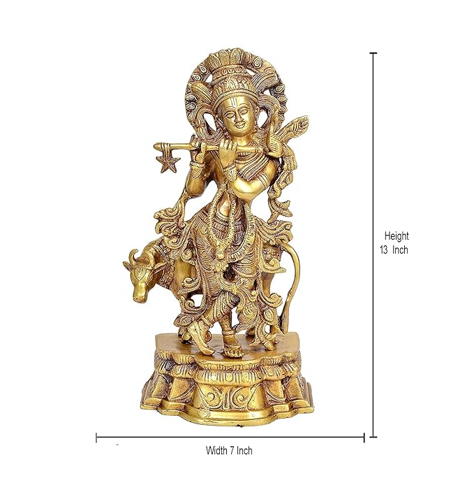 Brass Lord Krishna with Cow Decorative Figurine (Height: 13 Inches)