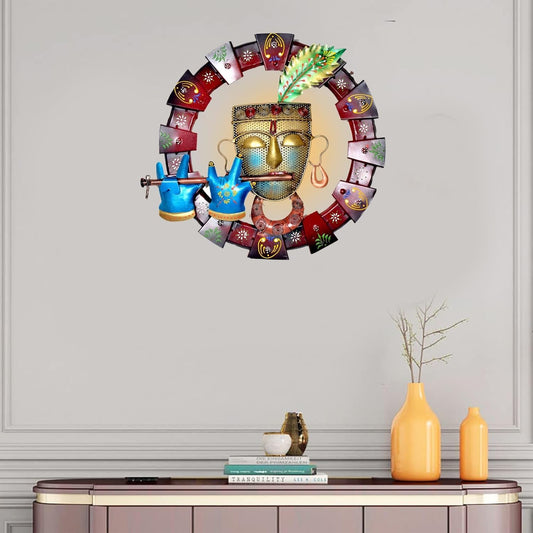 Iron Flute-playing Krishna wall hanging (18.5 inch diameter)