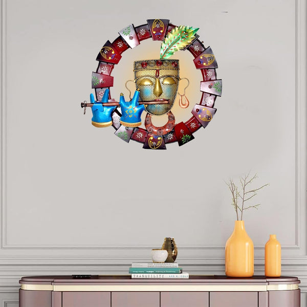 Iron Flute-playing Krishna wall hanging (18.5 inch diameter) Entryway Setting