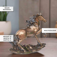 Running horse polyresin statue, multicolour painted finish, on textured floral base