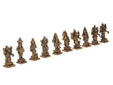 Brass Vishnu Dashavatara ten avatar figurines, gold finish, standing in a row.