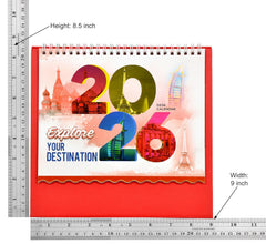 Table calendar 2026 size diagram: height 8.5 in, width 9 in, “Explore Your Destination”