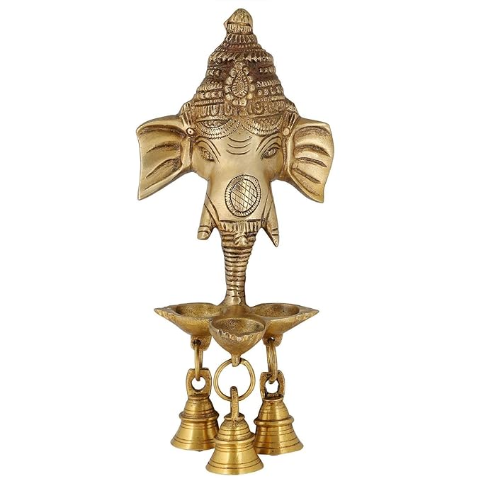 Messing-Ganesh-Wandidol mit 3 Diya-Lampen und Glocken, 9,5 Zoll
