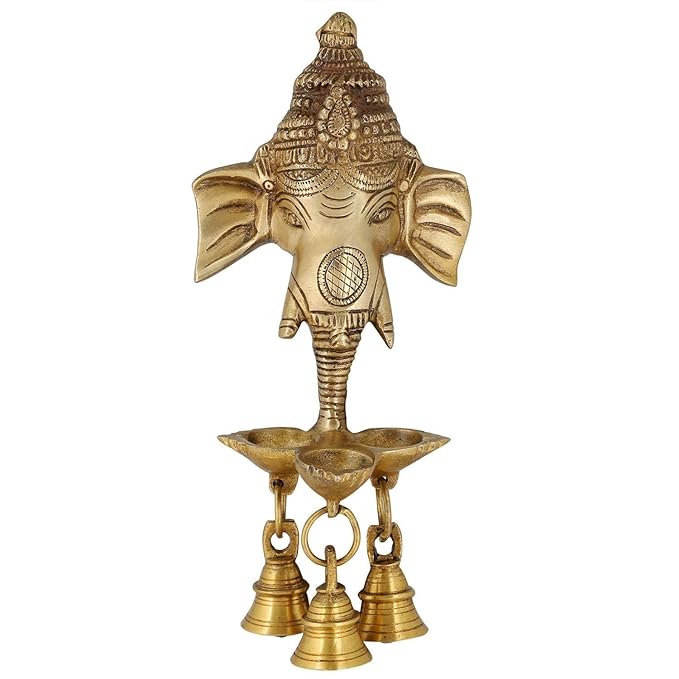 Brass Gansha Wall Hanging Puja Idol with Diyas and Bells 9.5 inch | Home Decor.