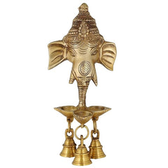 Messing-Ganesh-Wandidol mit 3 Diya-Lampen und Glocken, 9,5 Zoll