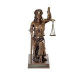 Resin Lady Justice figurine holding scales and sword, bronze-toned, standing on base