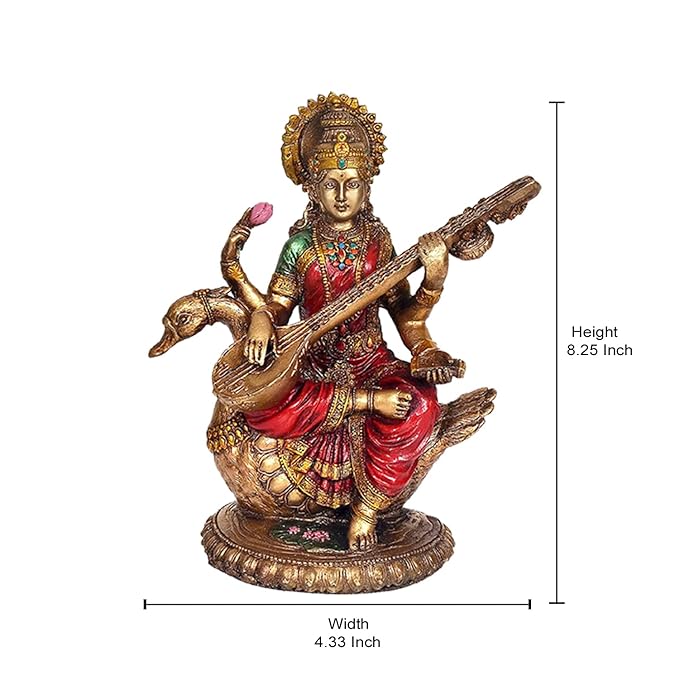 Saraswati Idol - Sculpture Hindu Goddess of Knowledge, Music (21.0cm Height X 11.0 cm Width)(Resin, Multicolour)