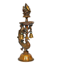 Brass Ganesha diya lamp with curved side support and four bell holders