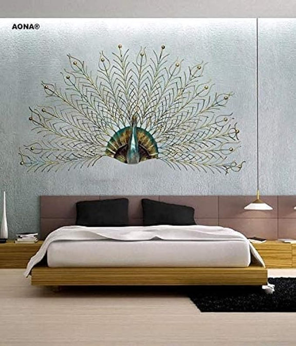 Hanging iron peacock wall art with open feather fan and teal blue-green centerpiece