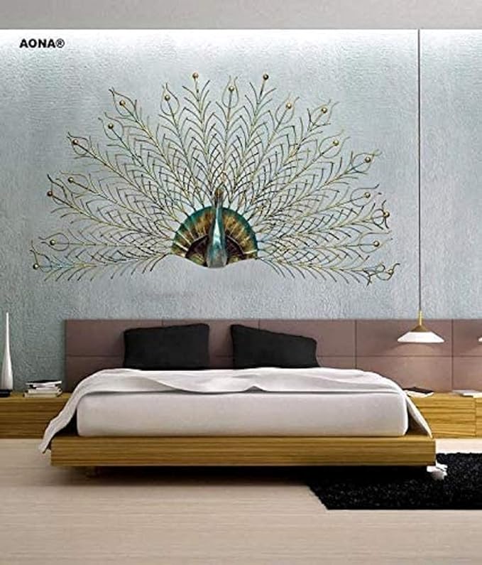Hanging iron peacock wall art with open feather fan and teal blue-green centerpiece