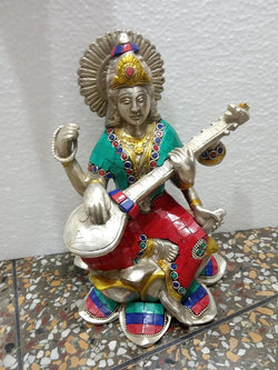 Brass Goddess Saraswati Idol Maa Saraswati Religious Statue Stone Work Height 10 Inch