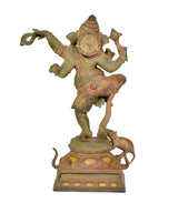 Dancing Ganesha murti brass with carved torso, headpiece, and small figure at base