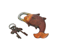 Fish-shaped padlock with metal loop shackle and decorative keys; curved tail visible