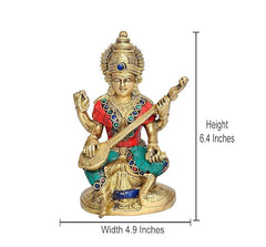 Brass Saraswati murti size: height 0.4 in, width 4.9 in; seated figure with raised hands