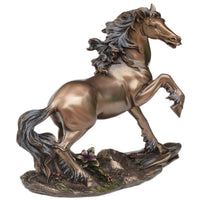 Running horse polyresin statue, close side view, bronze-gold finish, floral base