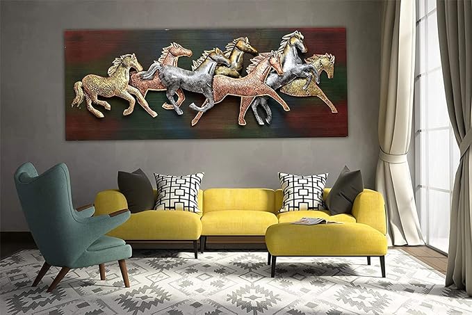 Metal Wall Decor/Wall Mounted Elegant Metal Frame 7 Seven Running Horses with LED Light, Width 53 inches Height 23 inches Depth 2 inches, Multicolor, Large