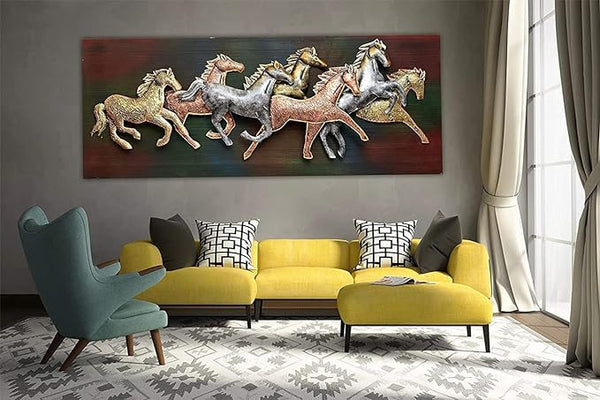 Metal Wall Decor/Wall Mounted Elegant Metal Frame 7 Seven Running Horses with LED Light, Width 53 inches Height 23 inches Depth 2 inches, Multicolor, Large