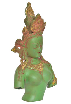 Green Tara Devi bust statue from side, gold trim headdress and calm eyes