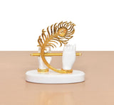 White Krishna resin hands with golden flute and arched golden peacock design