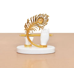 White Krishna resin hands with golden flute and arched golden peacock design