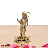 Hanuman Ji brass standing statue from side, rear profile with large circular tail ornament