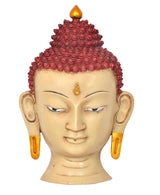 Resin Buddha wall hanging, detailed face with red curls, gold accents and open eyes
