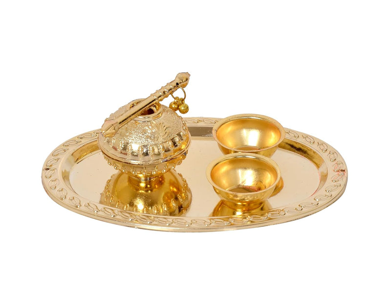 Decorated Plate with Matki and Tow Bowls for Holi Celebration (Width 6 Inch)