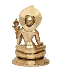 Brass Indra statue back view, large halo and raised hand, seated on lotus base