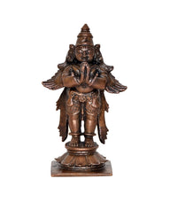 Copper Garuda idol statue, front view with ornate ornaments and layered wings, 3.5 in