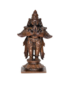 Copper Garuda idol statue, front view with ornate ornaments and layered wings, 3.5 in