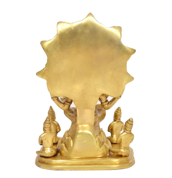 Brass Dakshinamurti Shiva statue back view with ornate halo and small seated devotees
