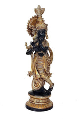 Brass Krishna idol figurine, side view with ornate crown and detailed garments