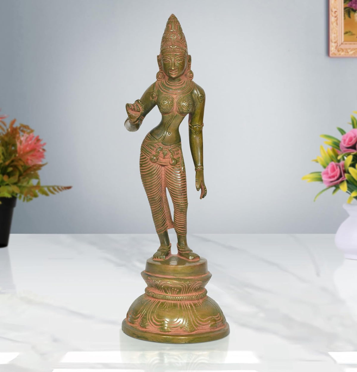 Bronze brass Parvati goddess statue standing with right hand raised, ornate base