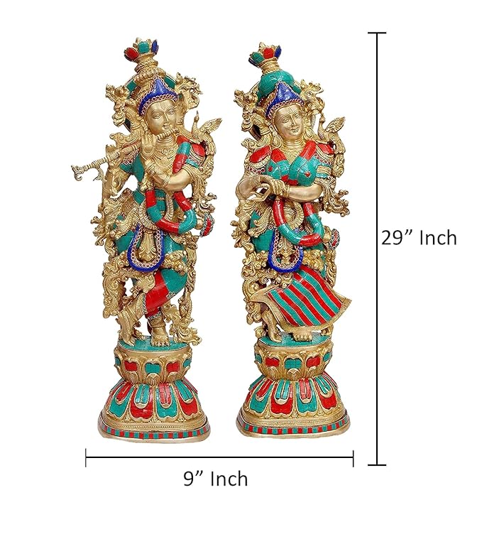 Brass Pair of Radha Krishna - Big Size - Brass Radha Krishna Kishan Murti Idol Statue Sculpture (29") (Big Radha Krishna) (Orange)