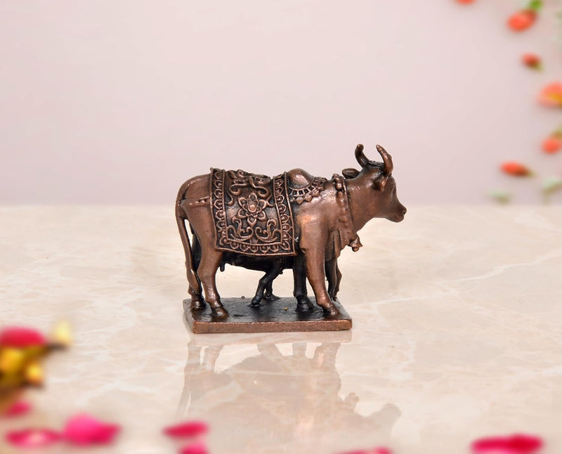 Copper Cow with Calf Pooja Mandir Home Decor (Height 2 Inch)