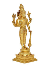 Brass four-armed standing Vishnu statue, side view with arched back and detailed back hair