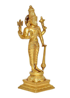 Brass four-armed standing Vishnu statue, side view with arched back and detailed back hair