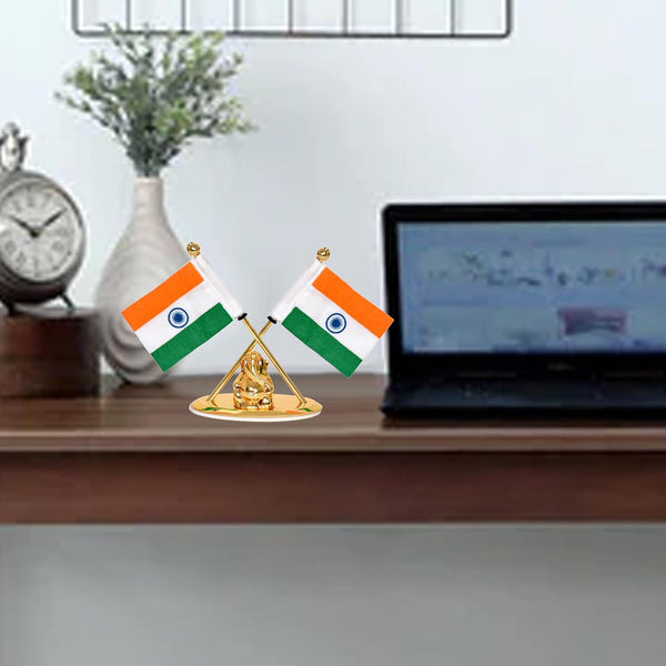 Metal Indian Flag With Ganesh for Car Dashboard (Height: 3.5 inch) Entryway Setting