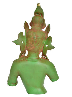 Green Tara Devi bust statue back view, gold crown details and ornamented halo