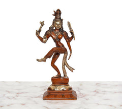 Ardhanrishvara Shiva-Parvati dancing murti in multicolor brass, full body view