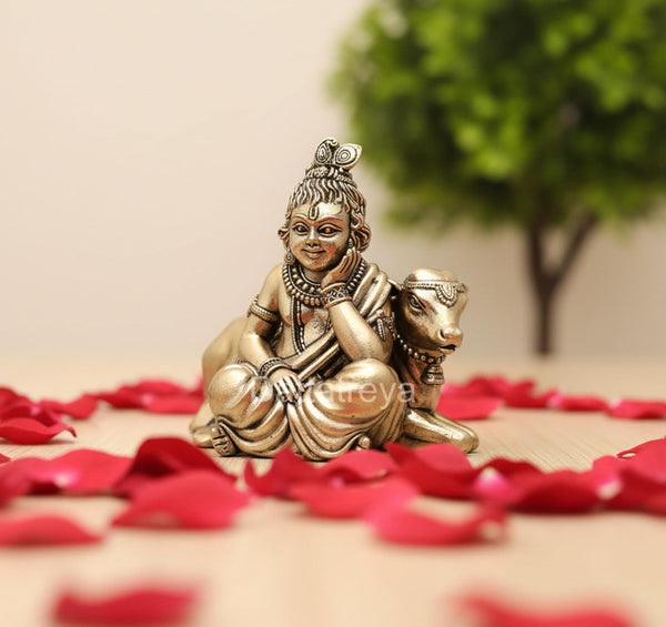 Superfine Brass Lord Bal Gopal with Cow Idol (Height: 3 Inch) Study Setting