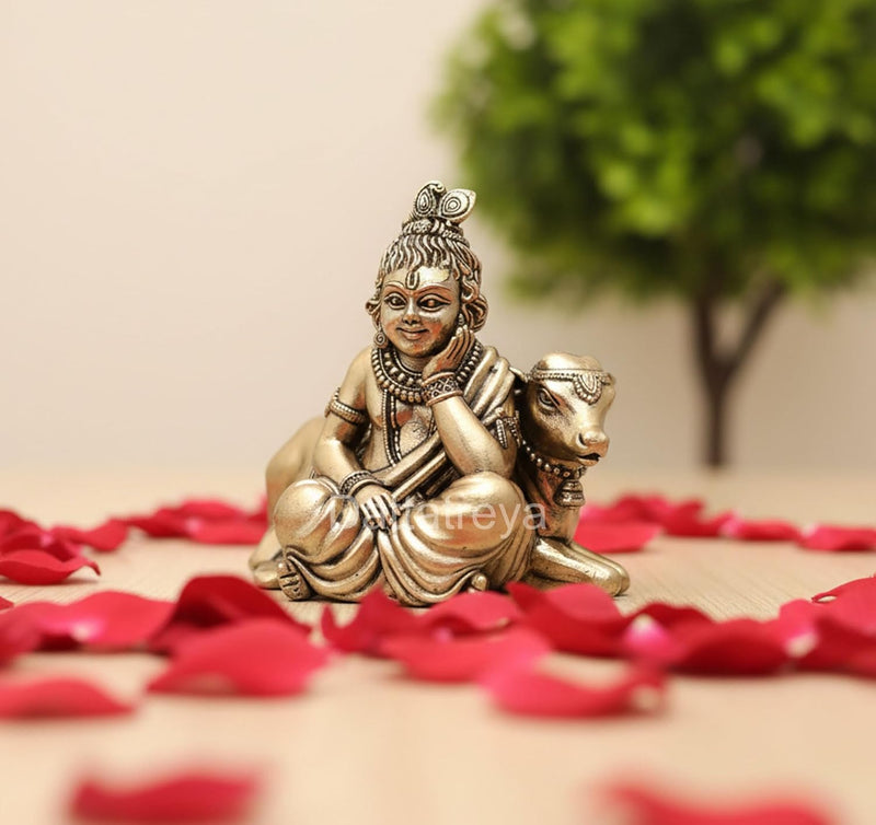 Bronze Lord Bal Gopal with Cow Idol (Height: 3 Inch)