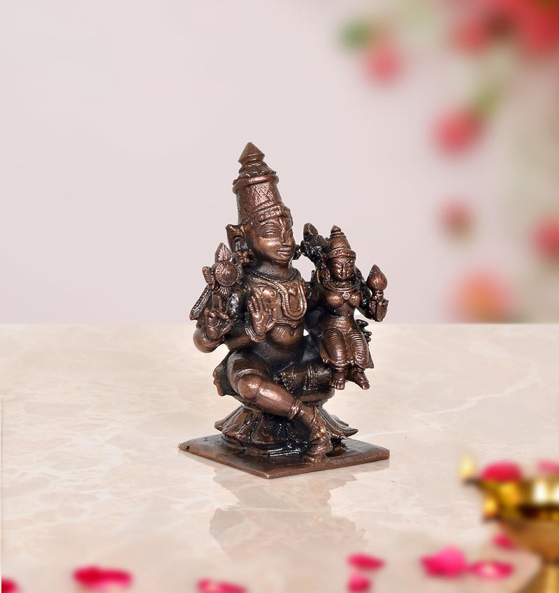 Copper Sitting Lakshmi Narayana Lord Vishnu Statue for Home, Mandir Pooja Decor Idol Color-Copper (Height: 3 Inch)