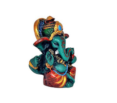 Ganesha resin idol statue side angle, teal body with gold accents and red drapery